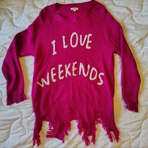 I Love Weekends Pink Distressed Fringe Crewneck Knit Sweater Women's Sz Small